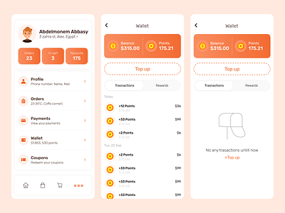 Food Delivery App - More menu & Wallet screens app balance coupon delivery app edge empty emptystate exchange home orders payment profile redeem reward topup transactions ui wishlist