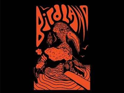 BIRDLAND aesthetic band merch bird illustration birds black freelance good vibes goodvibes halloween island orange orange and black poster design psychedelic retro retrowave stoner trippy vaporwave wavy