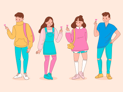 People doing finger heart / k-pop adobe illustrator character design characters design flat flat design flat illustration illustration people vector