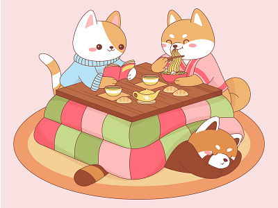 Cute animals sitting around a Kotatsu table adobe illustrator animals animals illustrated character design characters colorful design flat flat design flat illustration illustration japan japanese kawaii kawaii art kotatsu vector