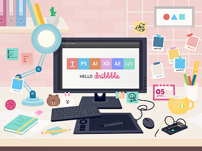 Hello Dribbble chaos design desk desktop fireworks firstshot flat hellodribbble illustration illustrator messy office skills vector workspace 工作 插畫 桌面 雜亂