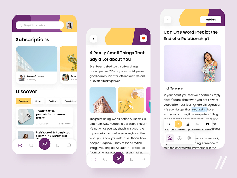 Articles Search & Publication App app article content design discover edit mobile mvp online purrweb react native search startup subscription title ui ux