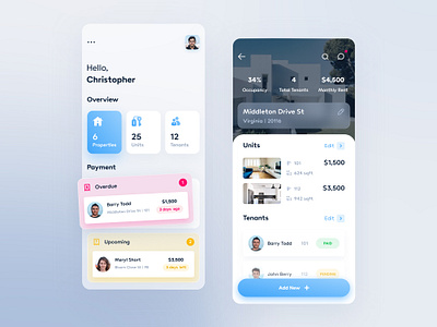 Property Management - App Design cards ui covid19 dashboard app ios app landlord mobile app mobile design mobile trends mobile ui properties property management saas app socialdistancing stayhome tenants ui ui design ui trend uiux ux