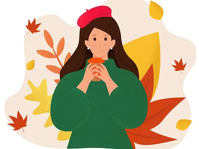 Autumn girl 2d autumn autumn leaves character characters coffee design girl grain illustration people plant texture