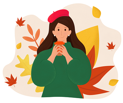 Autumn girl 2d autumn autumn leaves character characters coffee design girl grain illustration people plant texture