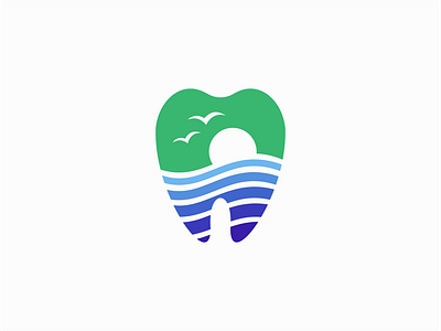 Tooth And Marine Landscape Logo for Sale birds branding dentist dentistry design emblem flat geometric icon illustration landscape logo marine mark ocean premium sale sun tooth vector