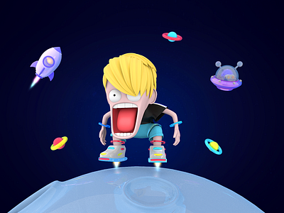 3D mouth down -little boy 2020 3d blue boy branding c4d illustration kid moon red rocket shoes star toys ufo ui universe yellow 品牌 设计