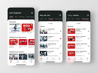 Workout library app concept design explore filter fitness library mobile product design training ui ux workout