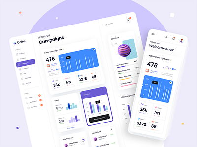 Unity Dashboard – Campaigns 3d 3d icon analytics campaign card chart clean dashboard illustration menu minimal mobile navbar navigation typography ui ui design ui kit ux ux design