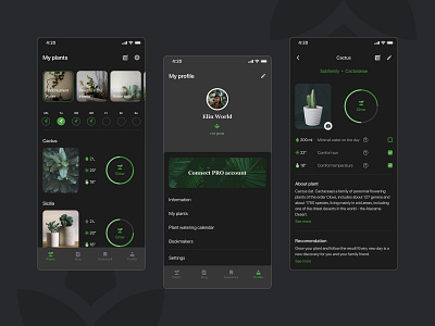 Mobile app - PlantMe / Dark theme app app design dark dark app dark mode dark theme dark ui ios ios app ios app design minimalism mobile app plant plants profile ui ui design uiux uxdesign uxui