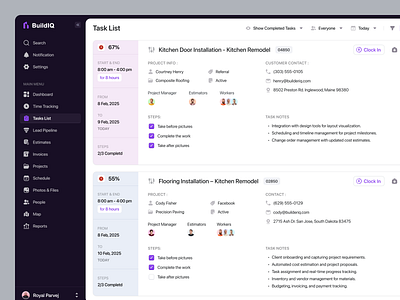 Task List _ Construction Management construction construction saas create task dashboard field job job details product design roofing saas saas design saas webapp software task task management time tracking ui design web webapp