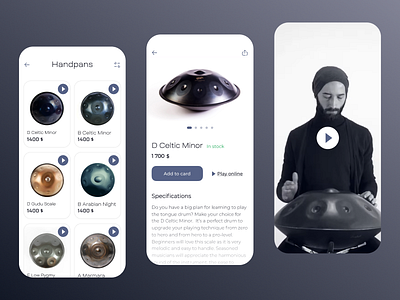 Handpan shop app design ecommerce handpan music musical instrument uiux white and black