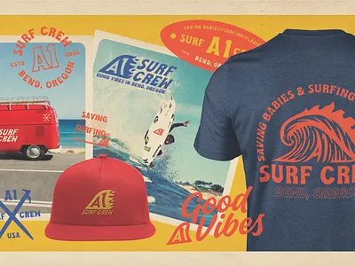 A1 Surf Crew Brand Kit (Bend, Oregon) - Part 1 badge badge design brand identity design branding branding design design firefighter firefighting good vibes hang loose illustration logo logo design surf surf board surf crew surf fin surfing wave