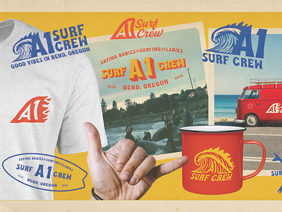 A1 Surf Crew Brand Kit (Bend, Oregon) - Part 2 badge badge design brand identity design branding branding design design firefighter firefighting good vibes hang loose illustration logo logo design retro surf surf board surf crew surf fin surfing wave