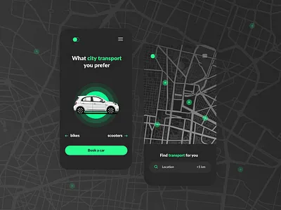 City transportation - app concept app bike car city communication concept dark theme scooter transportation
