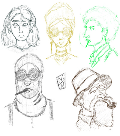 Sketches green man sketch woman yellow