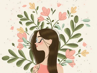 In the lap of nature autumn brunette cute floral girlie glasses illustration pastel pink ponytail profile tattoos