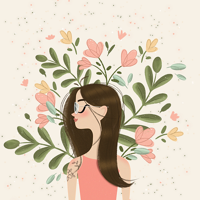 In the lap of nature autumn brunette cute floral girlie glasses illustration pastel pink ponytail profile tattoos