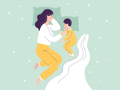 Vector mom and baby are sleeping baby bed child dream family flat girl happy illustration mother motherhood people sleep sleeping son stars vector woman