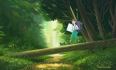 Illustrations 5 behance forest girl graphicdesign green house illustration waterfall