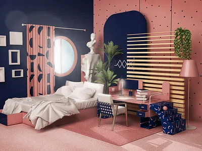 Memphis Room 3d 3d art adobe architecture art artdirection cinema4d color design illustration maxon memphis photo room vray