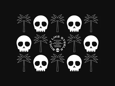 Built Like Steele Branding Pattern apparel black branding design fitness illustration logo logo pattern merchandise minimal palm tree pattern skull white