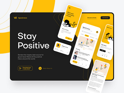 Vgoodnews Landing Page Concept app design cards clean clean design clean ui color concept contrast design digital product landing minimal modern typography ui ux web design website website design yellow