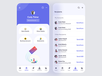 Banking App (Accounts & Recipients) account profile appdesign banking bankingaccountprofile bankingapp bankingappdesign bankingprofile finance app financial fintech fintech app illustration mobileappdesign mobileappprofile mobileprofile recipients trendydesign ui ui design uiux