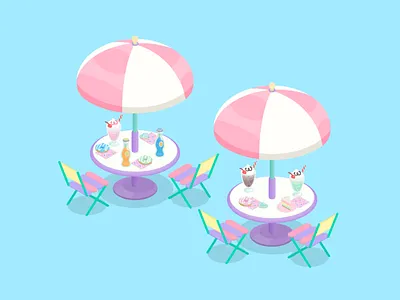 Isometric Pastel Cafe Tables café cute illustration design donuts food illustration isometric illustration pastel vector