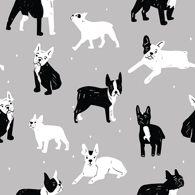 Black and White Busy Seamless French ton Pattern ai boston terrior bulldog dog dog illustration illustration pattern puppie puppy repeat seamless textile vector