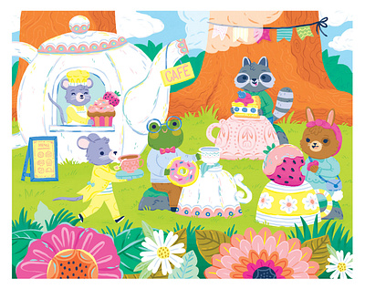 Tea Party Scene cafe childrens art cupcake cute donut drawing flowers frog illustration kidlitart licensing racoon tea