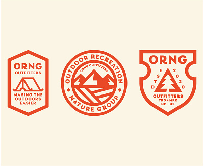 ORNG Outfitters 02 badge badge design badge icon badge logo badgedesign branding camping cream green iconography minimalistic mountains orange outdoor badge outfitters pine tree simple tent tree