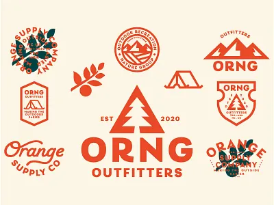 ORNG Outfitters 01 badge badge design branding caligraphy camping logo cream fruits green iconography illustration mountains national park orange outdoor outdoors ranger tents trees typography