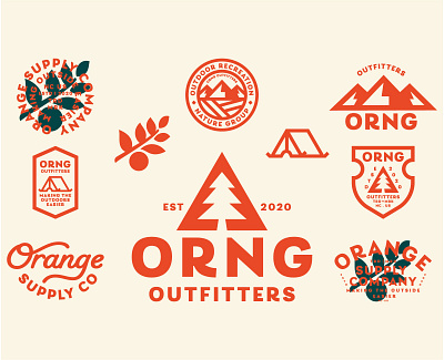 ORNG Outfitters 01 badge badge design branding caligraphy camping logo cream fruits green iconography illustration mountains national park orange outdoor outdoors ranger tents trees typography