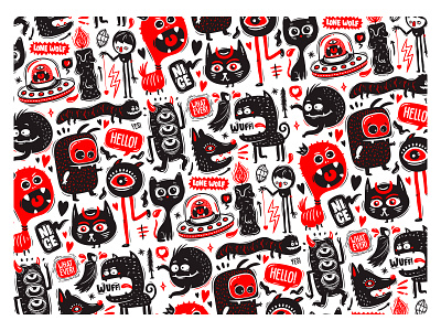 Monster Red Black abstract alien art black cartoon cute design doodle doodle art gohsantosa illustration love monsters red retro vector