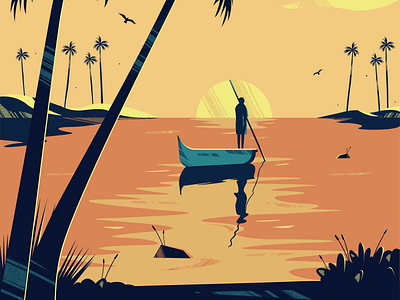 Lake birds boat boating calm lake sunset trees water waves