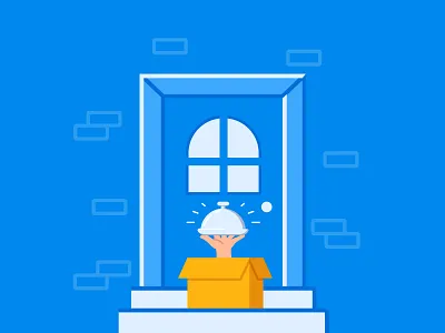 Online delivery vector concept 2 blue box delivery door flat hand home online order package parcel tray