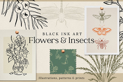 Flowers & Insects | Black Ink Art art black clipart design drawn floral flowers graphic design graphics illustration illustrations ink ink art insects pattern print print art printing vector watercolor