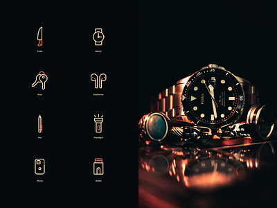 EDC Icons branding clean design earphone figma flashlight keyshot knife kovalev logo modern nicholas pen phone simple vector wallet watch