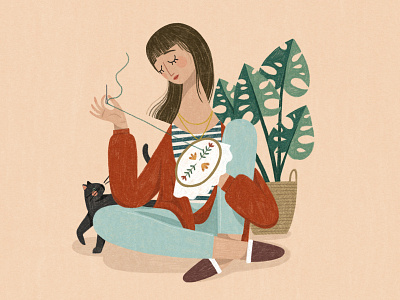 Embroidery session embroidery girl character girl illustration illustration illustration agency illustration design illustration digital plant illustration