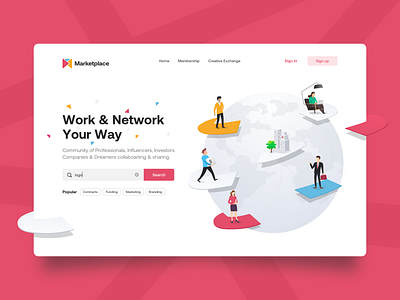 Landing Page Illustration branding character clean community companies funding illustration influencers investors landing page logo marketplace matketing professionals typography ui vector webdesign website