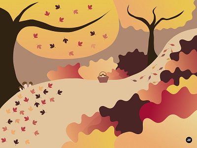 Mushrooms gathering colorful colors creative design digital art digital illustration dribbbleweeklywarmup fall figma gradient graphic design illustration landscape leaves mushrooms nature orange red tree yellow