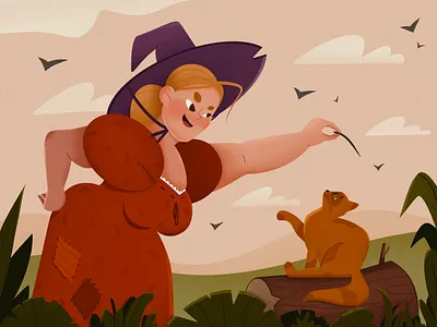 witch 2d art 2d character 2d illustration animals animals illustrated cat children book illustration cute dress girl halloween hat mobile nature personage plants procreate texture witch woman