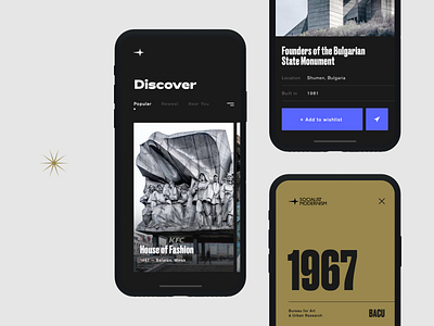 Post-Soviet Architecture Pt. 2 android architecture black on black browse brutalism concept dark dark ui hamburger home screen ios minimal minimalism mobile app photography retro socialist modernism soviet typography vintage