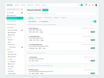 Discover Channels in Enterprise Social Networking channels cliq company news discover enterprise ux happeo intranet list list view netflix product recommendation saas slack social suggestion ui ux