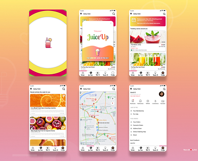 Juice App Mockups app bright creative cuberto figma figmadesign fresh fruit funky illustraion indigenous juice logo mockup ogilvy switch trending ui ux vector