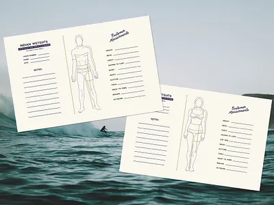 Indian Wetsuits Measurement Cards adventure branding card design surf tailor