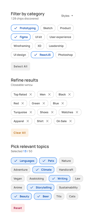 Chips selection for filters UI design in Figma app badge chip chips design figma filter filtering mobile outline select selection ui ui kit