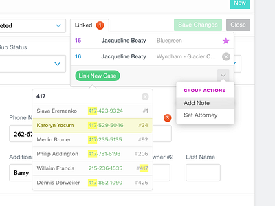 Search/Link Contracts and Group Actions app design minimal ui ux web