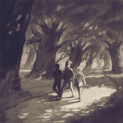 Clear is Kind art dappled light digital illustration illustration nature park path people sepia trees walk